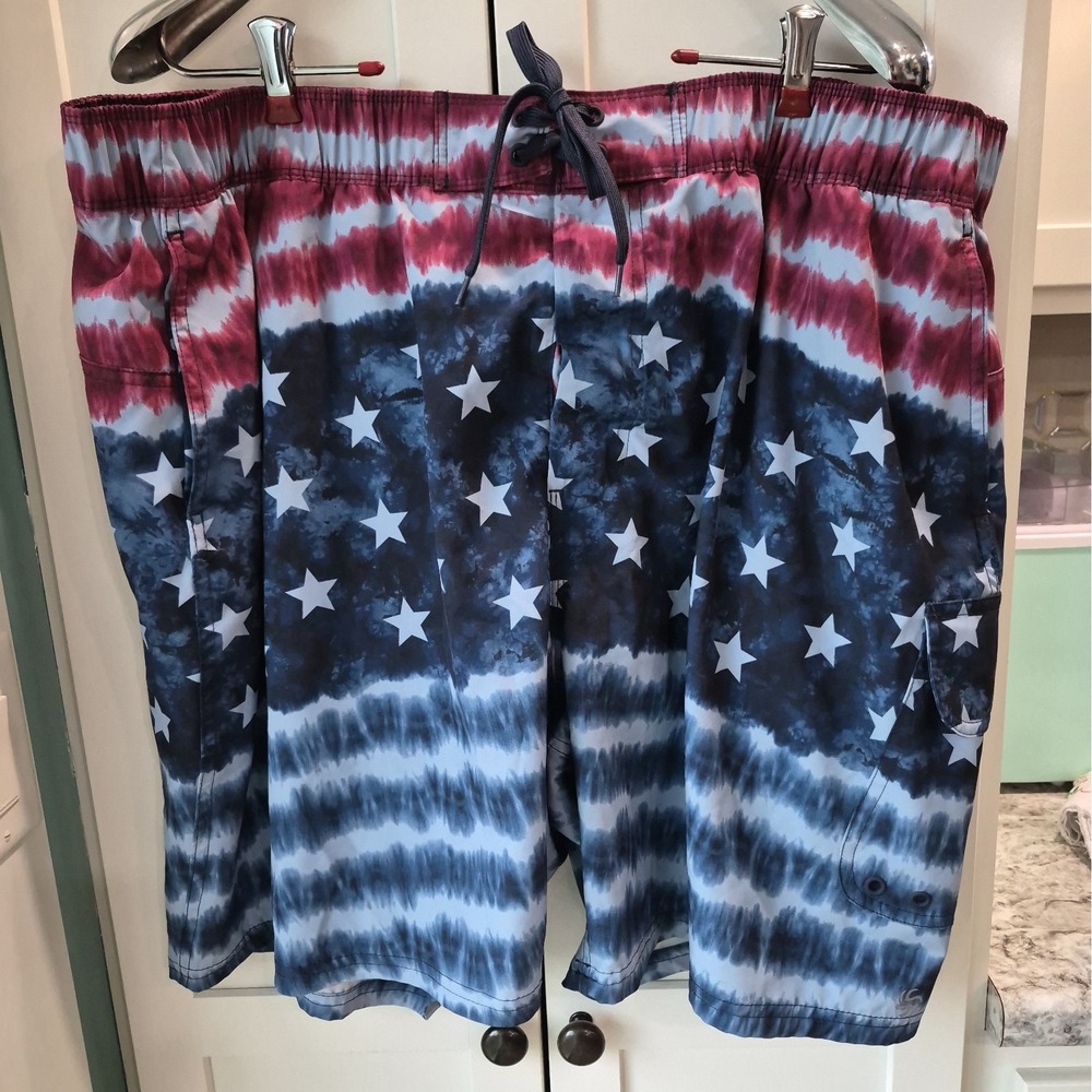 NWOT Sol Borne Men's Swim Shorts Size XXXL Trunk Draw String Pockets Patriotic